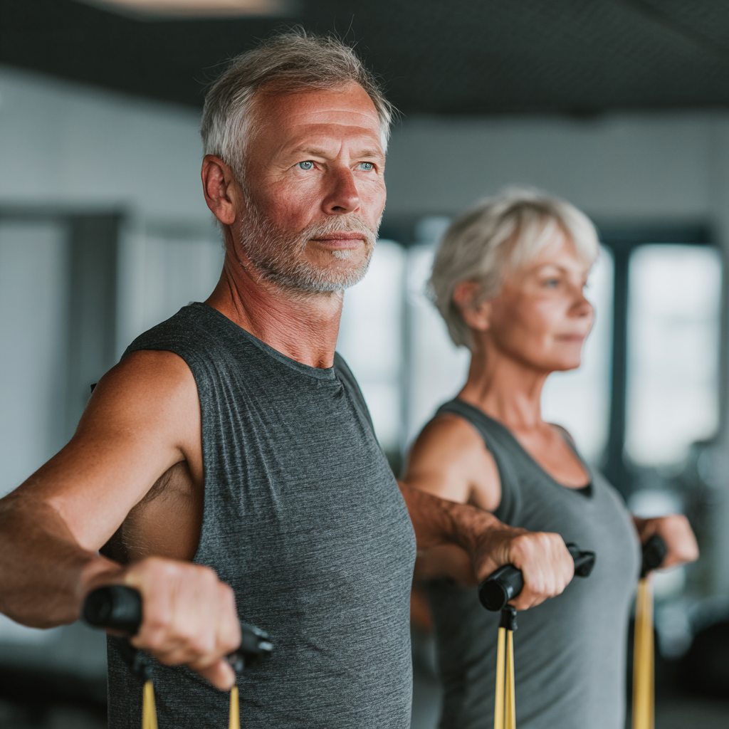 Group of smiling middle-aged Ukrainian adults in comfortable fitness wear practicing breathing exercises outdoors in a park setting