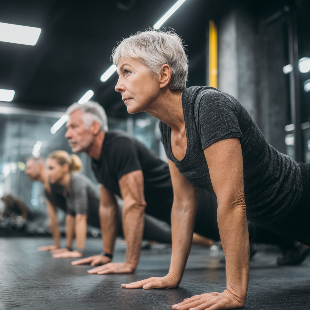 Elderly Ukrainian woman and man demonstrating functional movement exercises with resistance bands in a bright, modern fitness studio